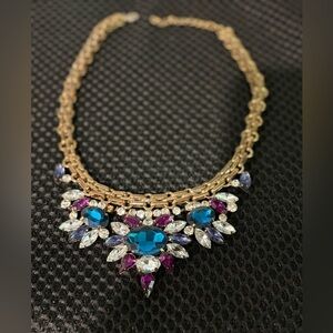 Statement Crystal Collar Necklace - Blue, Purple & Clear Rhinestones